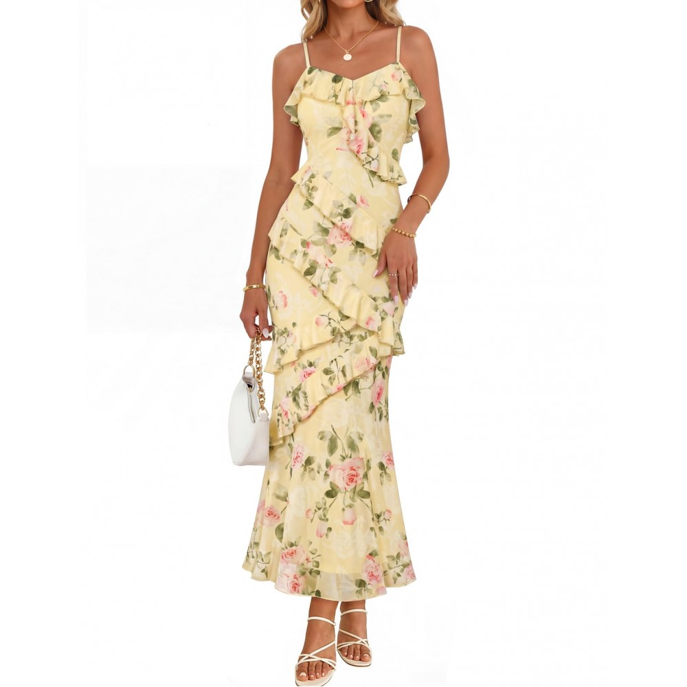 Summer Floral Wedding Guest Maxi Dress Women 2026 Vacation Formal Bodycon Spaghetti Strap Cocktail Party Long Dress