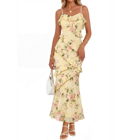 Summer Floral Wedding Guest Maxi Dress Women 2026 Vacation Formal Bodycon Spaghetti Strap Cocktail Party Long Dress
