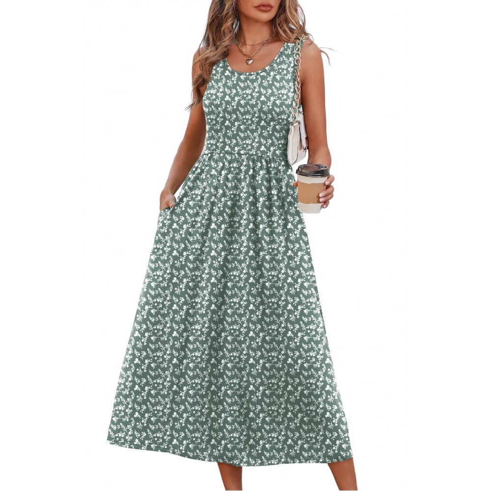 Summer Dresses for Women Flowy Casual Midi Dress Beach Vacation Sundresses with Pockets