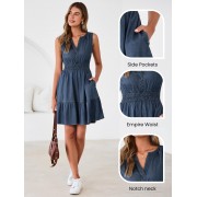 Womens Denim Dress Sleeveless Summer Casual Jean Dress Tiered Cowgirl Country Mini Soft Light Chambray with Pockets