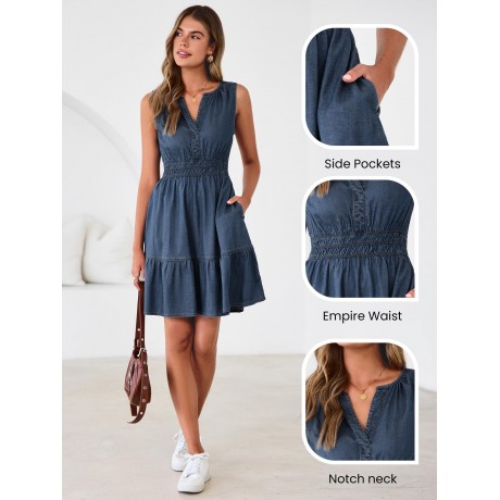Womens Denim Dress Sleeveless Summer Casual Jean Dress Tiered Cowgirl Country Mini Soft Light Chambray with Pockets