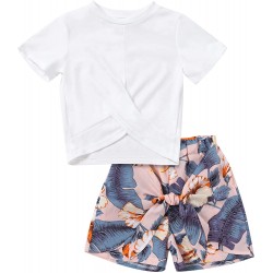 Girls Clothes Outfits Short Sleeve Twist Wrap Top and Floral Shorts Pants 2 Piece Girl Clothing Sets 4-8 Year